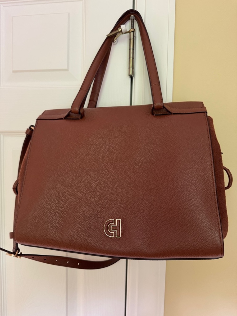 Cole Haan Pebbled Chestnut Brown Leather Messenger Tote